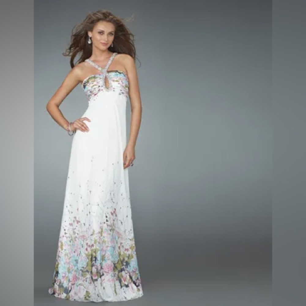 La Femme Paris White Floral Halter Gown / Prom Dress, Bejeweled, size 4